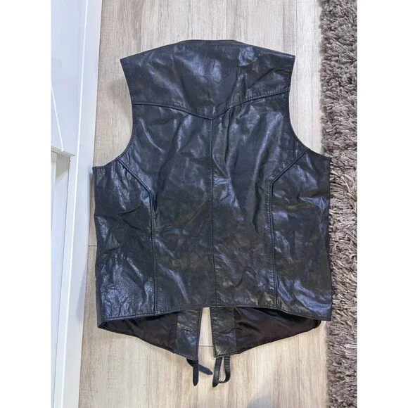 Davis James Black Leather Vest 42 Concho Biker Western Southwestern Lined USA